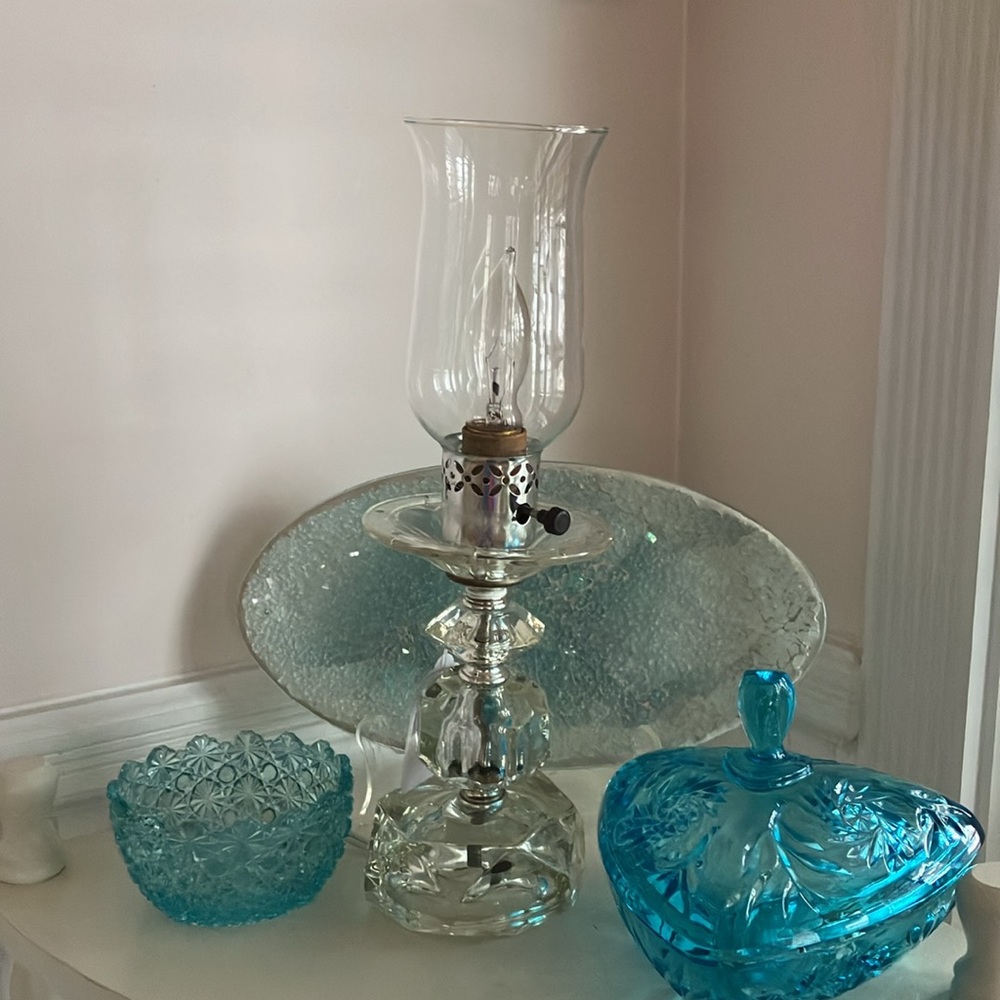 Art Deco Crystal/Glass Hurricane Style Lamp With Stacked Glass/Crystal Base